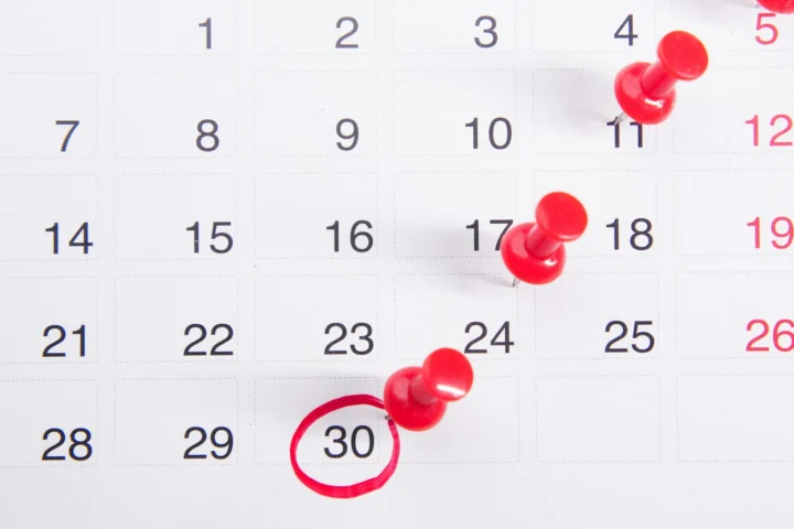 Calendar with red pins marking dates