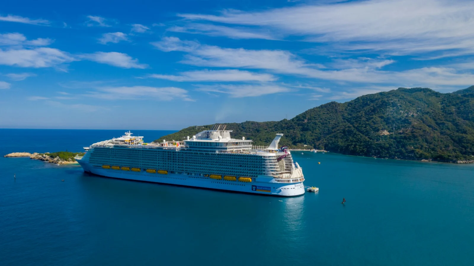 Cruise ship anchored off a green island