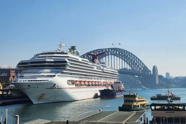 Cruise ship docked at the Sydney passenger terminal beside the Harbour Bridge