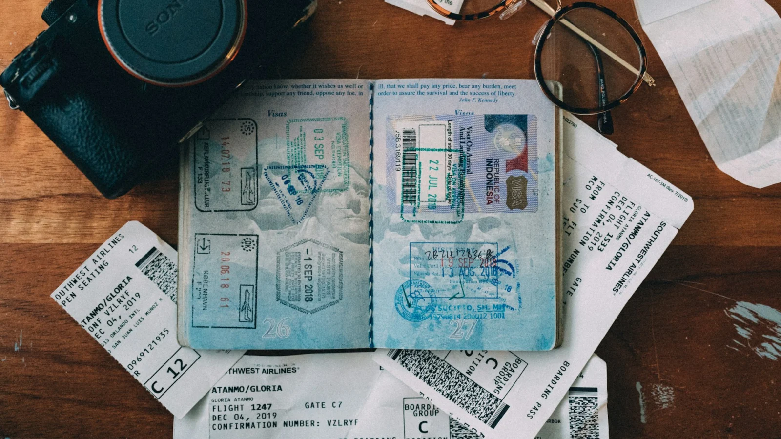 Passports, boarding passes and a camera on a table